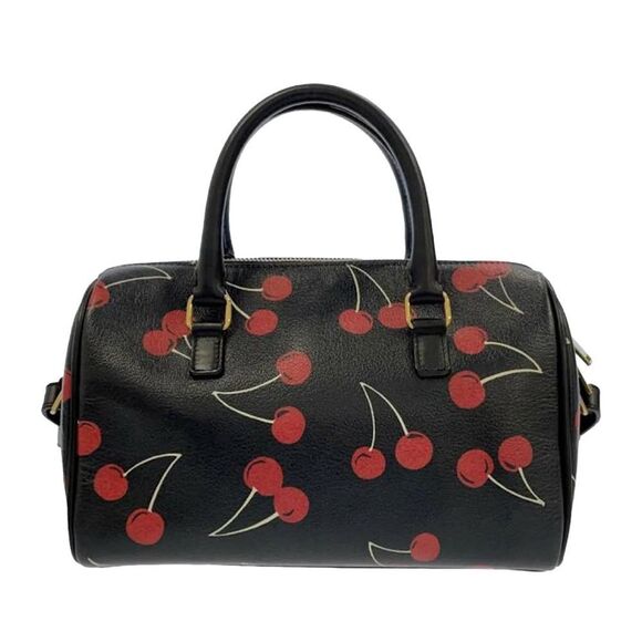 Auth Saint Laurent Calfskin Cherry Print 2way Classic Baby Duffle Bag Black Red - Picture 6 of 15